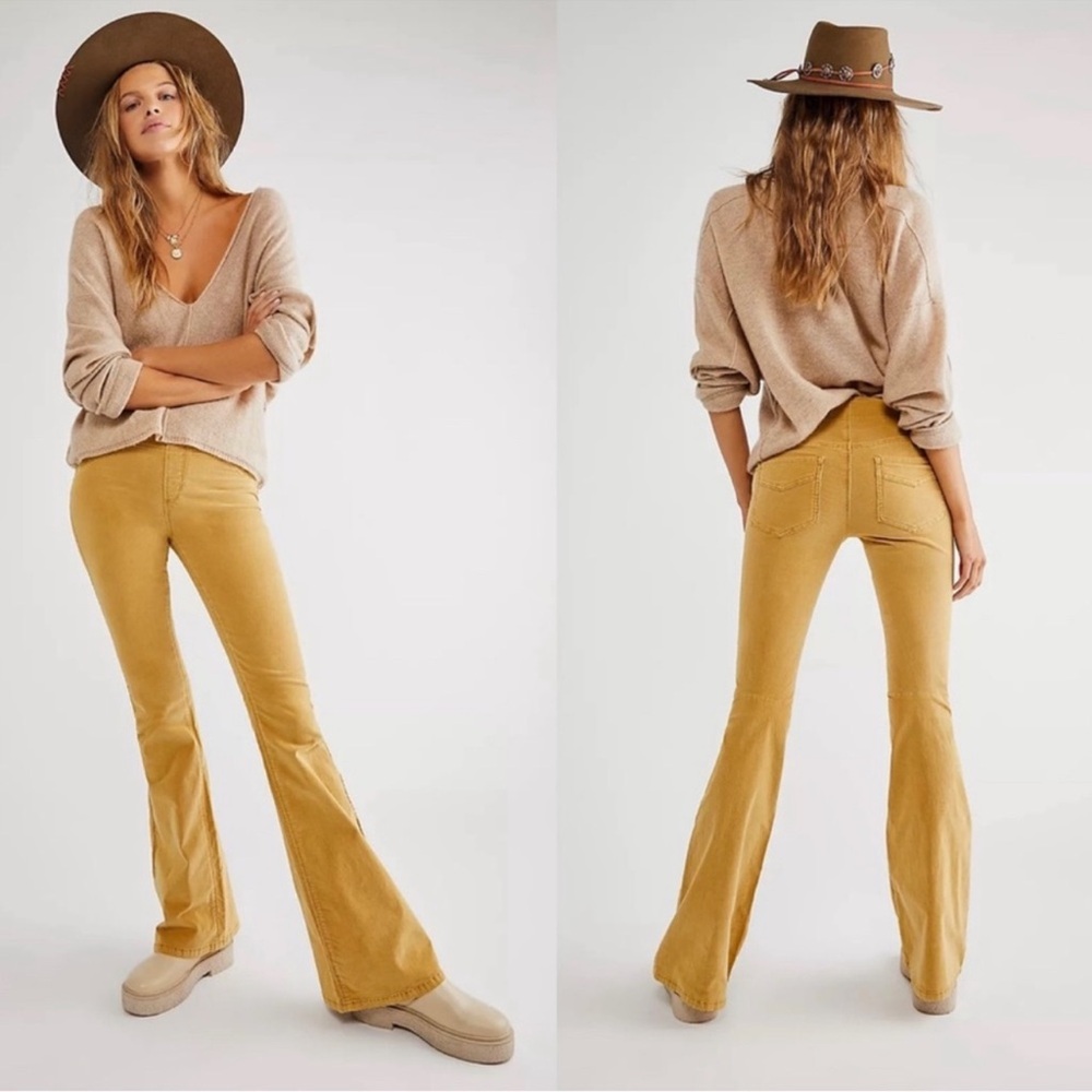 WE THE FREE PEOPLE PULL ON MID RISE STRETCH CORDUROY FLARE PANTS KHAKI